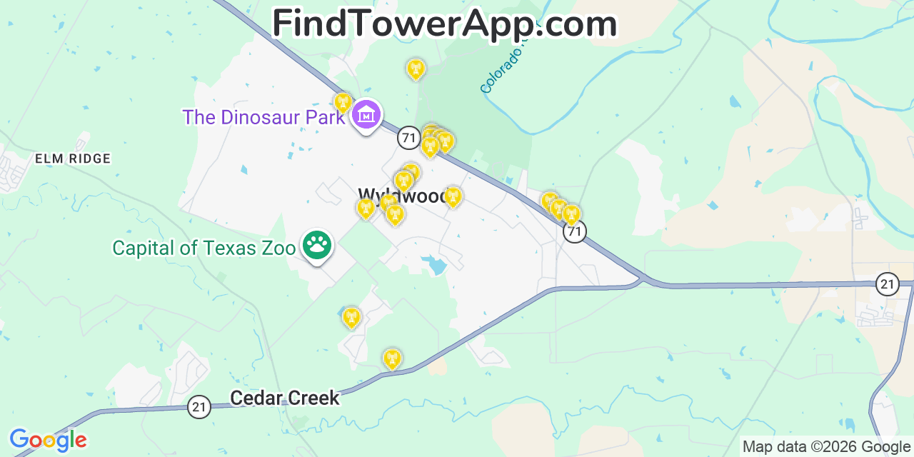 Map showing the 20 primary cell tower locations detected in Wyldwood, Texas from AT&T, Verizon, and T-Mobile networks