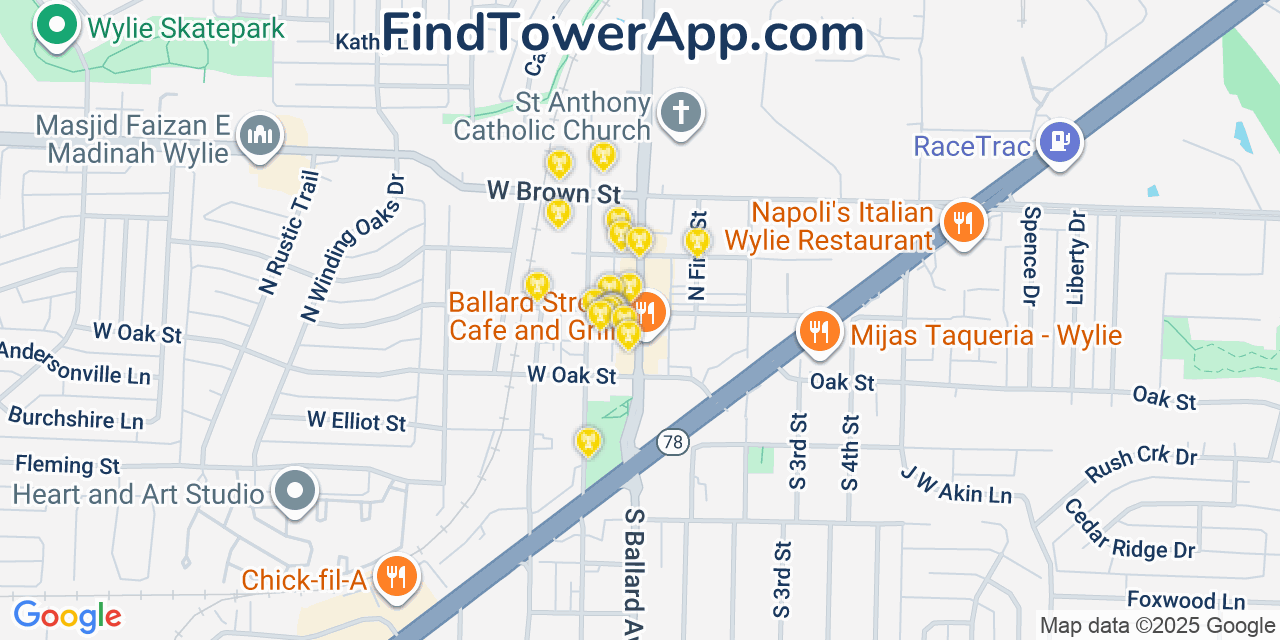 Map showing the 20 primary cell tower locations detected in Wylie, Texas from AT&T, Verizon, and T-Mobile networks