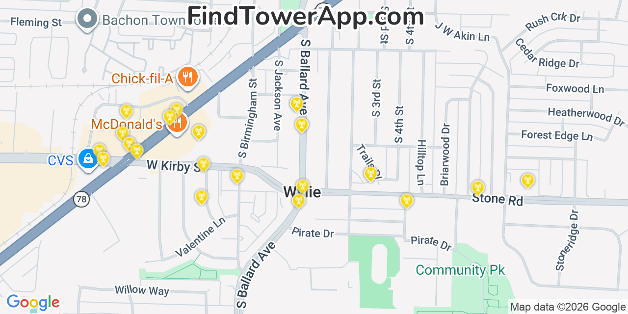 Map showing the 20 primary cell tower locations detected in Wylie, Texas from AT&T, Verizon, and T-Mobile networks