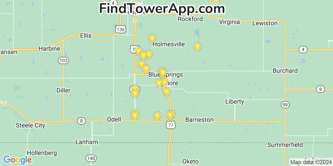 AT&T 4G/5G cell tower coverage map Wymore, Nebraska