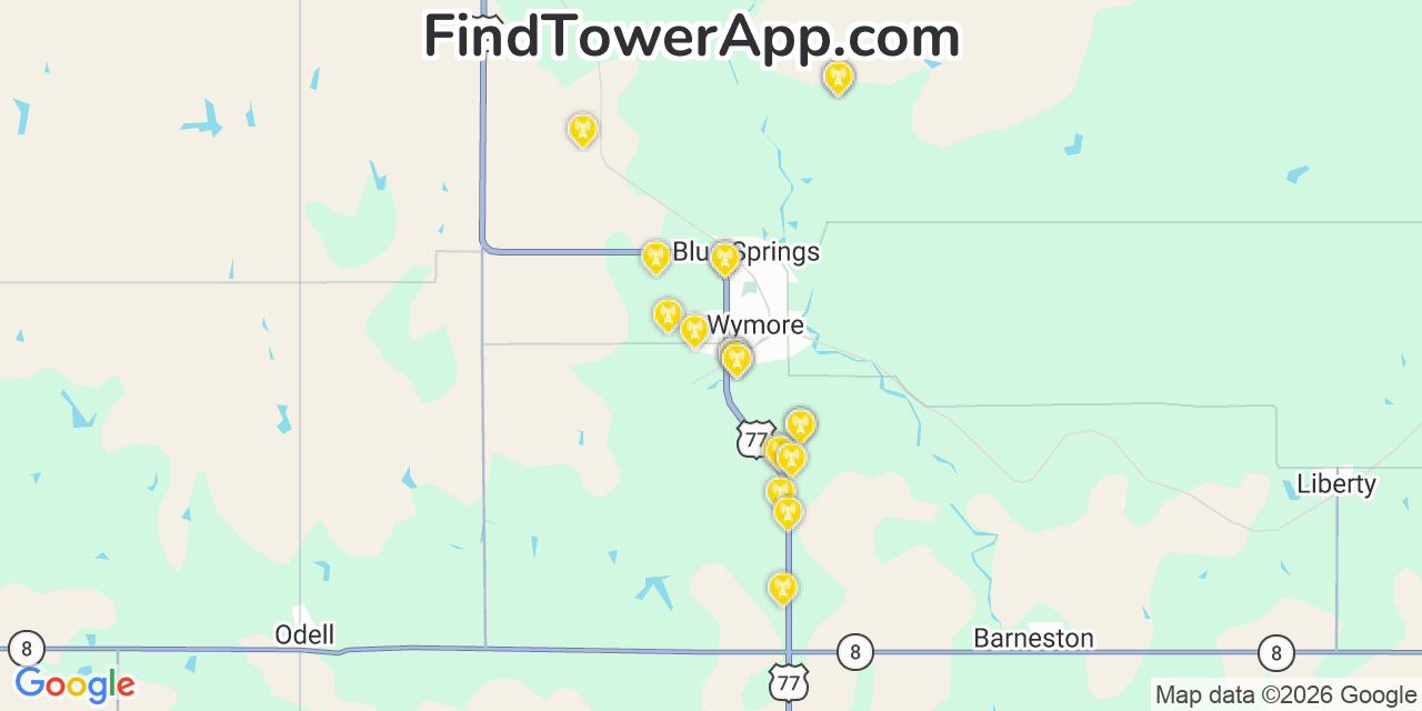 Map showing the 20 primary cell tower locations detected in Wymore, Nebraska from AT&T, Verizon, and T-Mobile networks