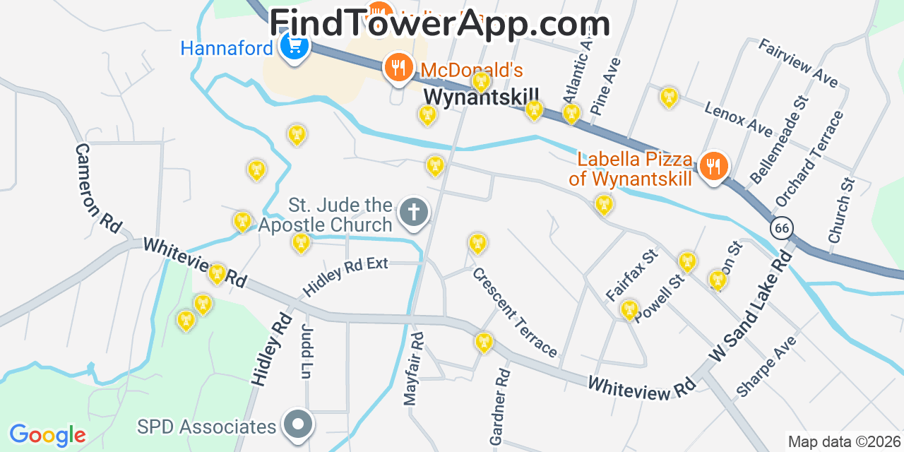 Map showing the 20 primary cell tower locations detected in Wynantskill, New York from AT&T, Verizon, and T-Mobile networks