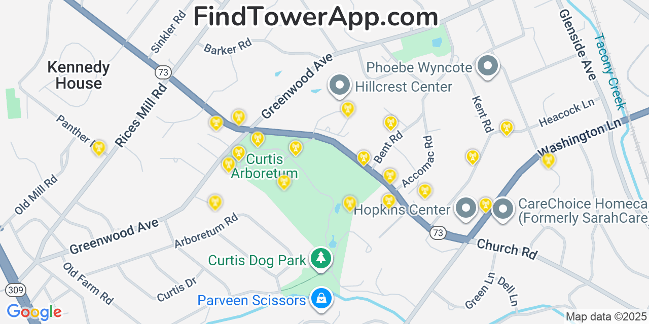 Map showing the 20 primary cell tower locations detected in Wyncote, Pennsylvania from AT&T, Verizon, and T-Mobile networks