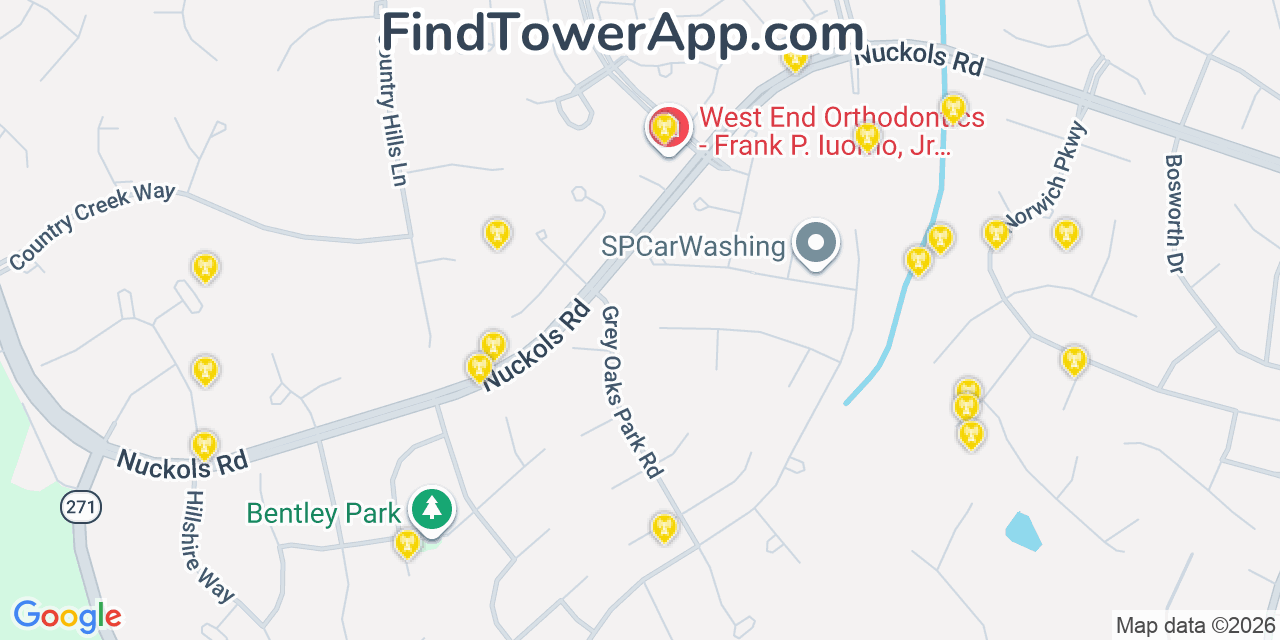 Map showing the 20 primary cell tower locations detected in Wyndham, Virginia from AT&T, Verizon, and T-Mobile networks
