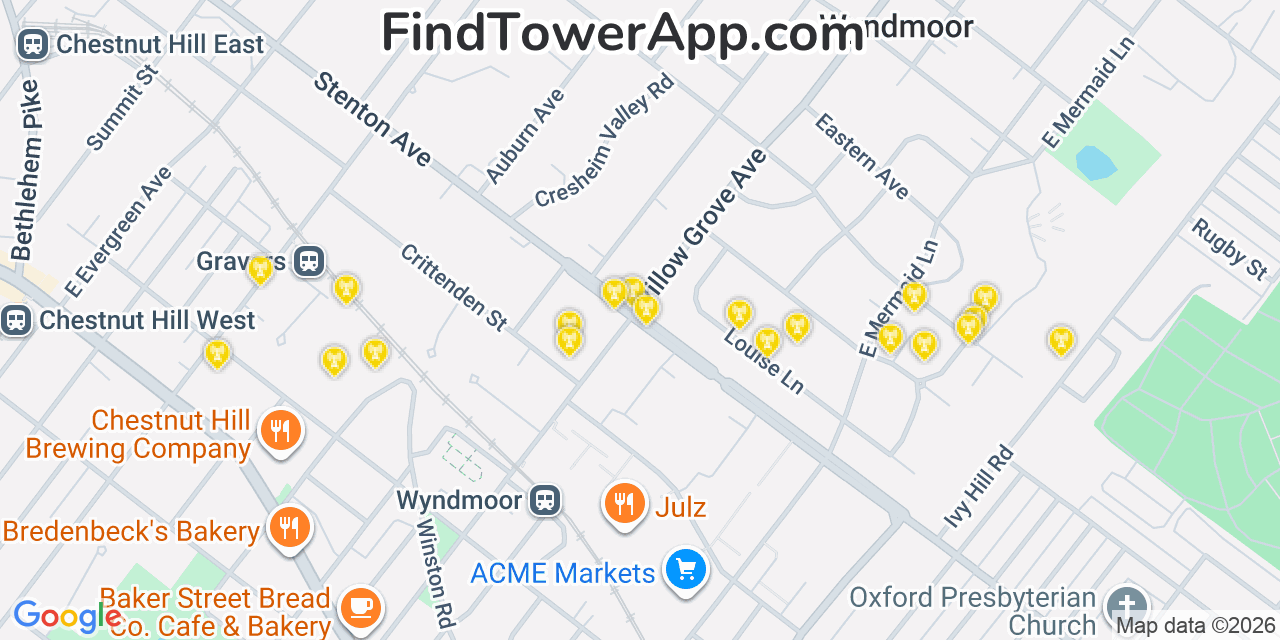 Map showing the 20 primary cell tower locations detected in Wyndmoor, Pennsylvania from AT&T, Verizon, and T-Mobile networks
