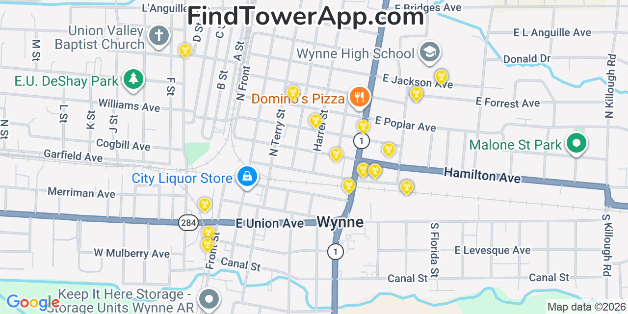 Map showing the 20 primary cell tower locations detected in Wynne, Arkansas from AT&T, Verizon, and T-Mobile networks