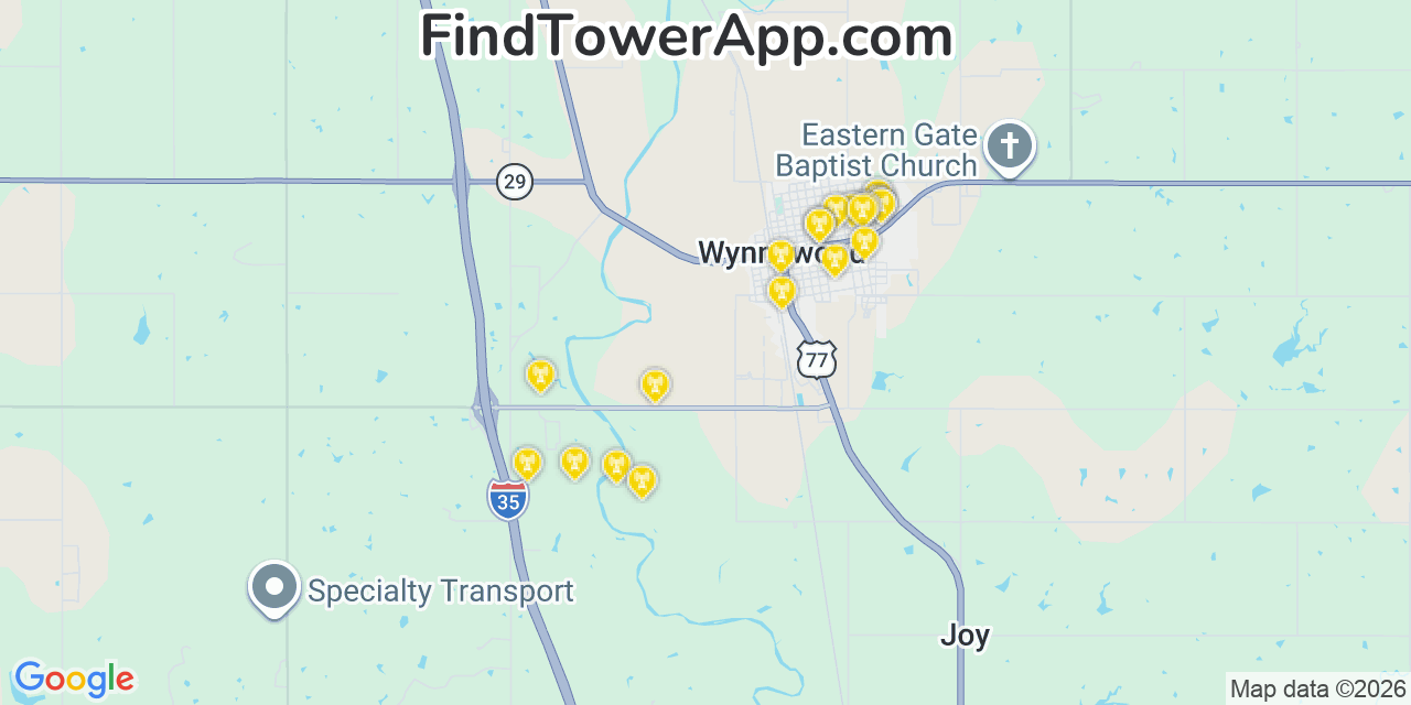 Map showing the 20 primary cell tower locations detected in Wynnewood, Oklahoma from AT&T, Verizon, and T-Mobile networks