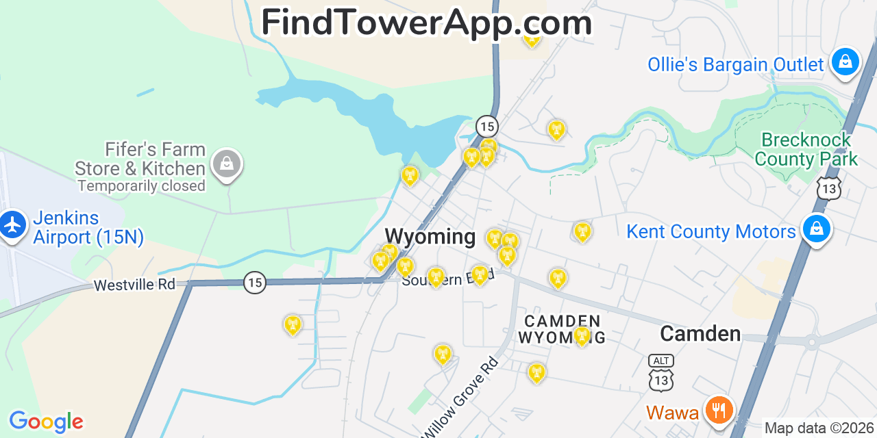 Map showing the 20 primary cell tower locations detected in Wyoming, Delaware from AT&T, Verizon, and T-Mobile networks