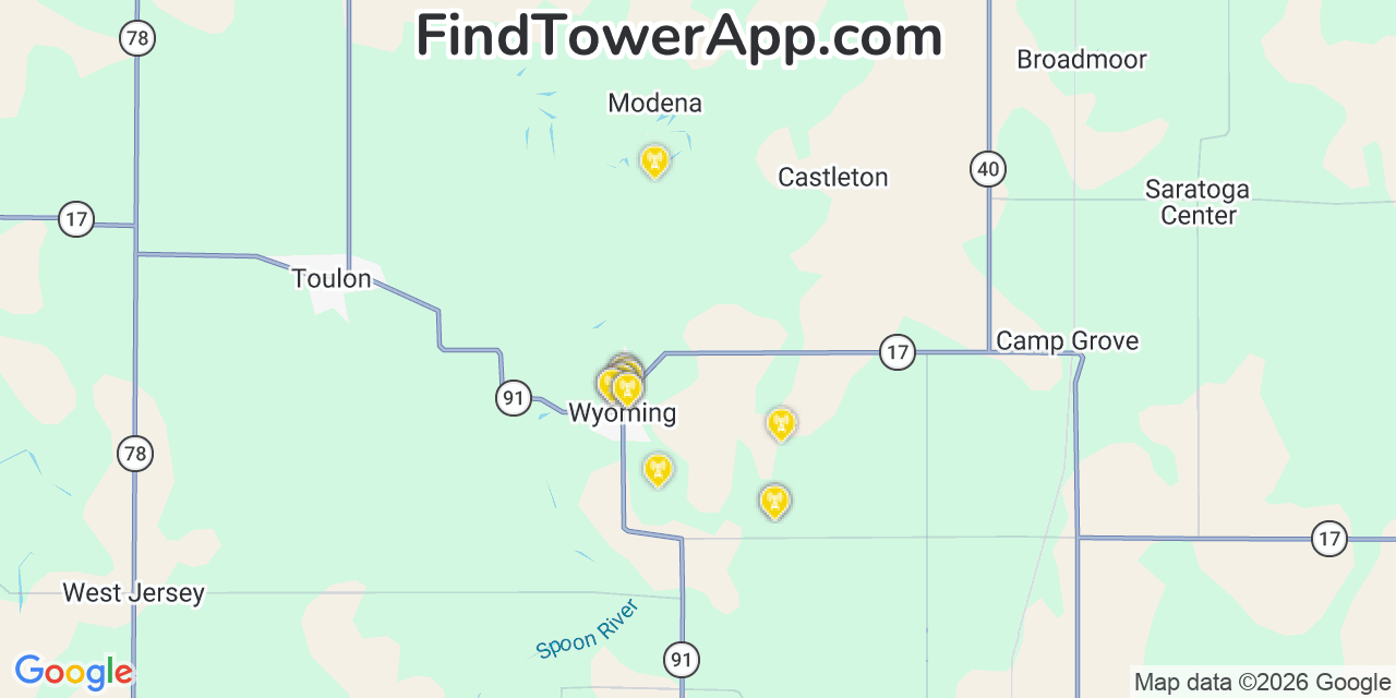 Map showing the 20 primary cell tower locations detected in Wyoming, Illinois from AT&T, Verizon, and T-Mobile networks