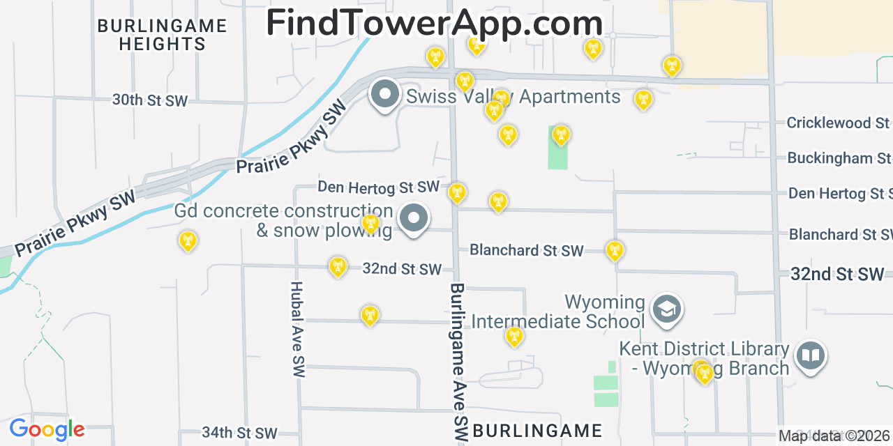 Map showing the 20 primary cell tower locations detected in Wyoming, Michigan from AT&T, Verizon, and T-Mobile networks