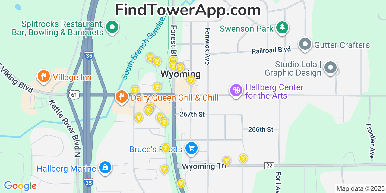 Map showing the 20 primary cell tower locations detected in Wyoming, Minnesota from AT&T, Verizon, and T-Mobile networks