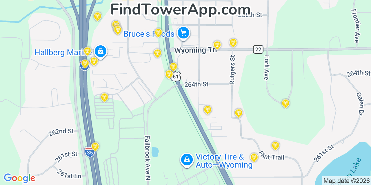 Map showing the 20 primary cell tower locations detected in Wyoming, Minnesota from AT&T, Verizon, and T-Mobile networks