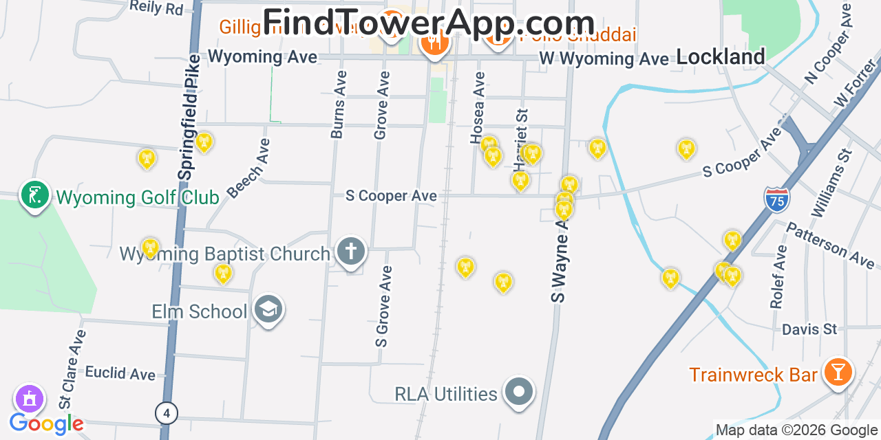 Map showing the 20 primary cell tower locations detected in Wyoming, Ohio from AT&T, Verizon, and T-Mobile networks