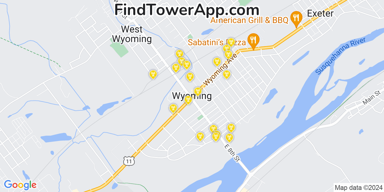 AT&T 4G/5G cell tower coverage map Wyoming, Pennsylvania