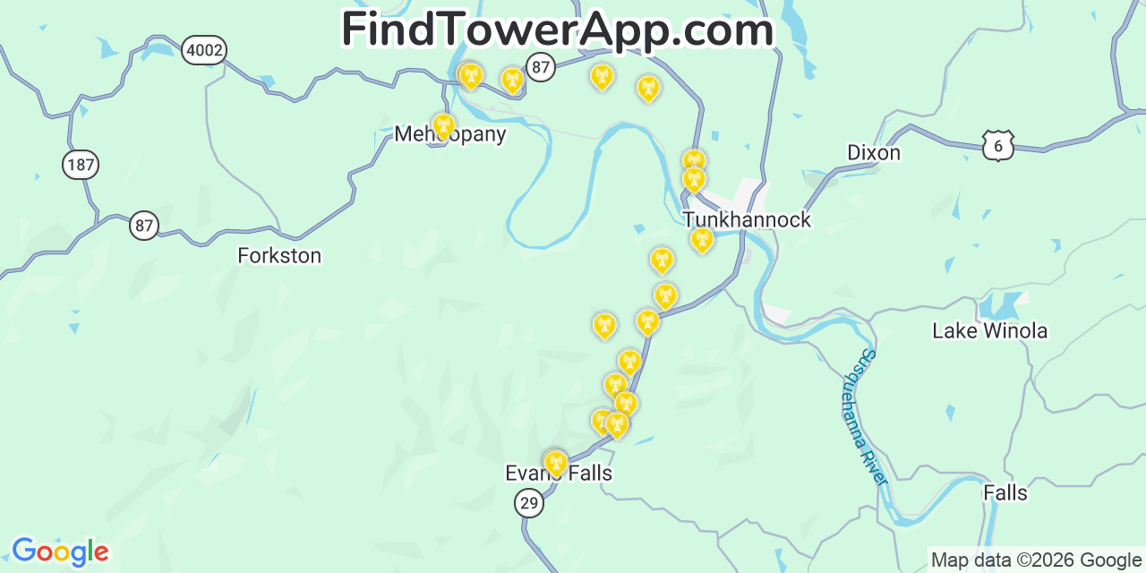 Map showing the 20 primary cell tower locations detected in Wyoming, Pennsylvania from AT&T, Verizon, and T-Mobile networks
