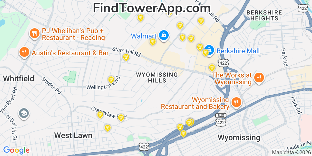 Map showing the 20 primary cell tower locations detected in Wyomissing Hills, Pennsylvania from AT&T, Verizon, and T-Mobile networks