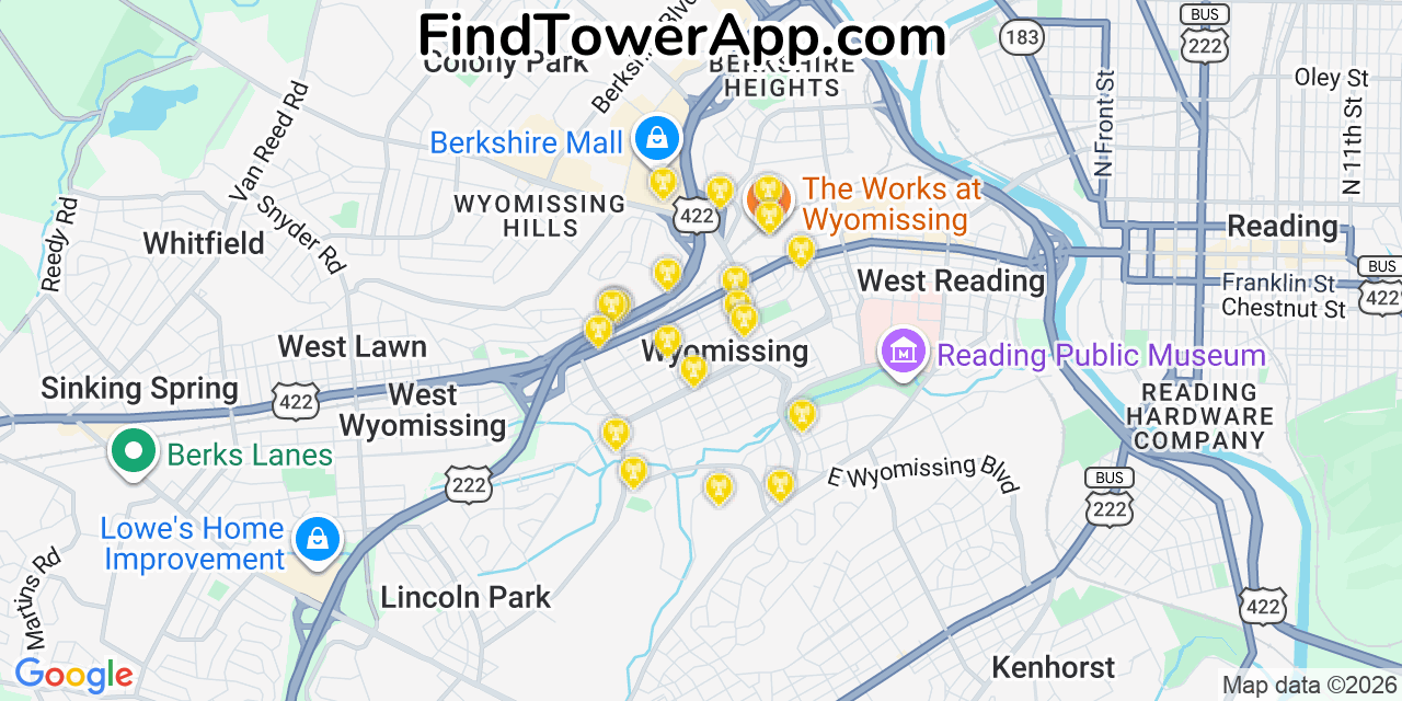 Map showing the 20 primary cell tower locations detected in Wyomissing, Pennsylvania from AT&T, Verizon, and T-Mobile networks