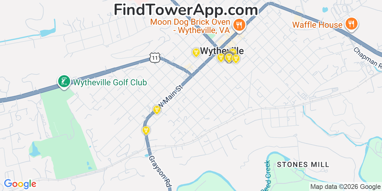 Map showing the 20 primary cell tower locations detected in Wytheville, Virginia from AT&T, Verizon, and T-Mobile networks