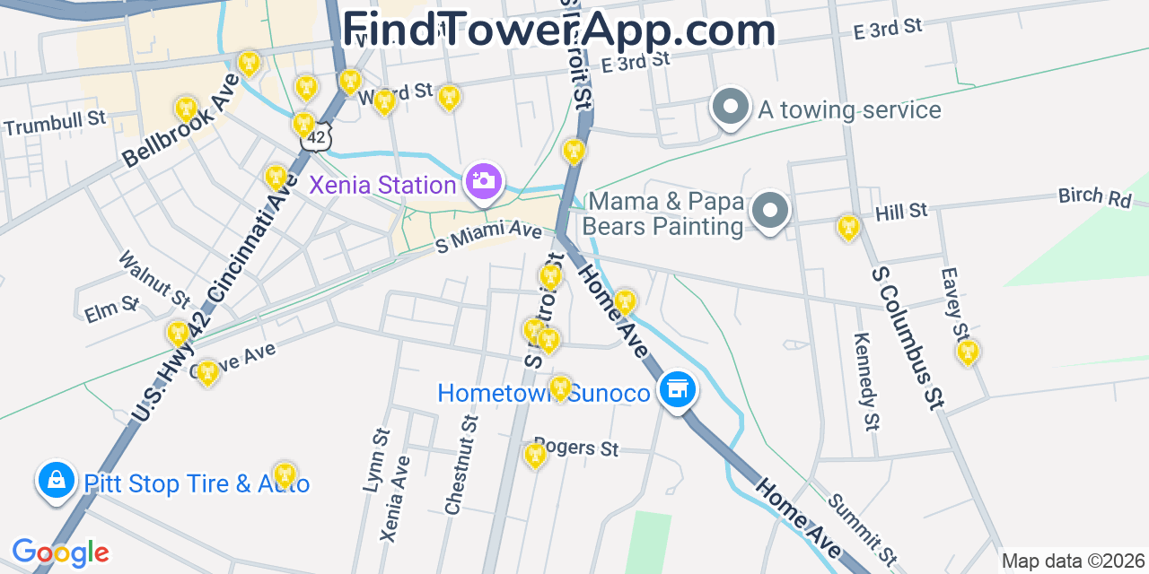 Map showing the 20 primary cell tower locations detected in Xenia, Ohio from AT&T, Verizon, and T-Mobile networks