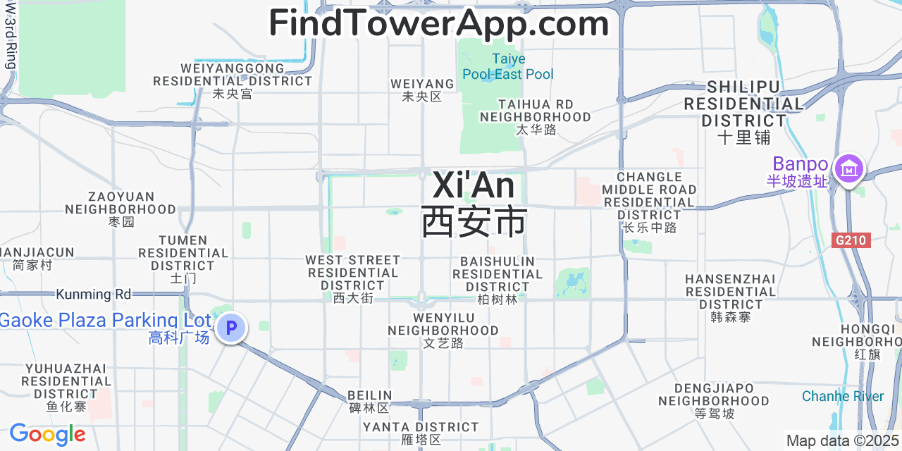 Map showing the 0 primary China-Mobile cell tower locations detected in Xi An, China with coverage radius and signal strength indicators