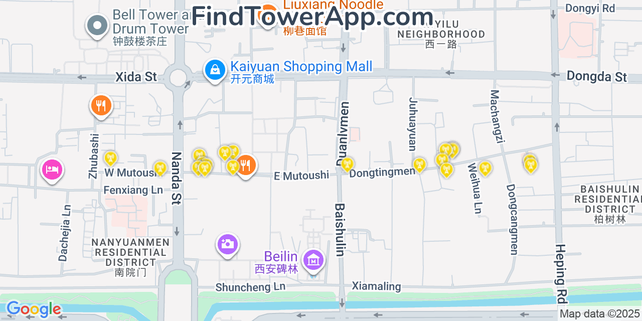 Map showing the 20 primary cell tower locations detected in Xi An, China with coverage areas and signal strength