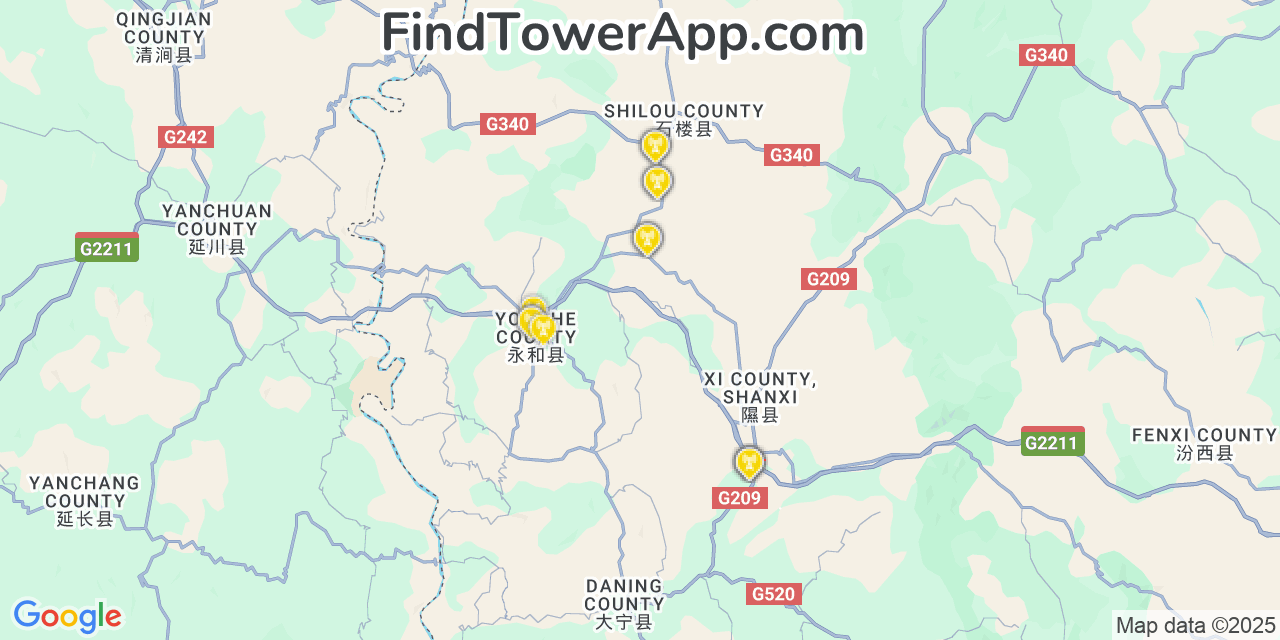 Map showing the 23 primary China Mobile cell tower locations in Xi, China