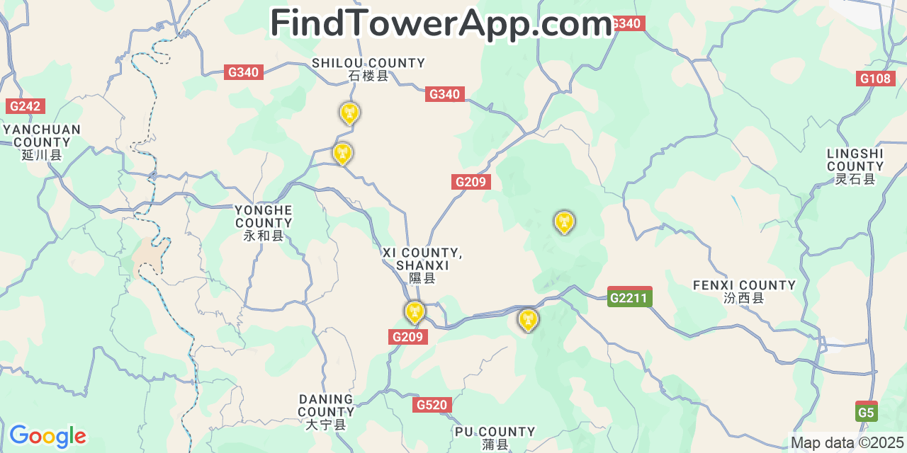 Map showing the 20 primary cell tower locations detected in Xi, China with coverage areas and signal strength