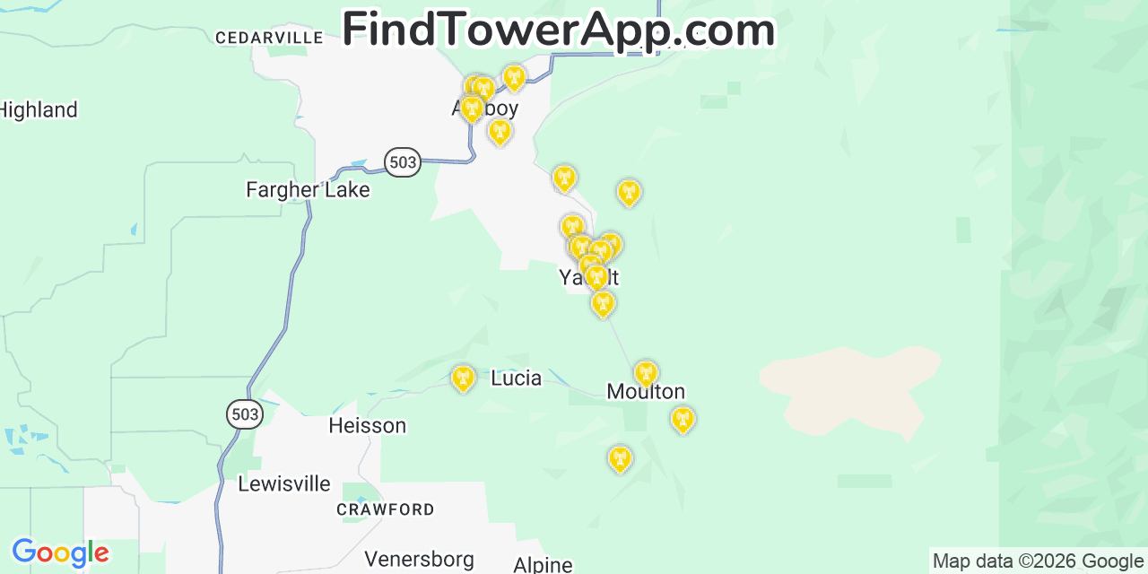 Map showing the 20 primary cell tower locations detected in Yacolt, Washington from AT&T, Verizon, and T-Mobile networks