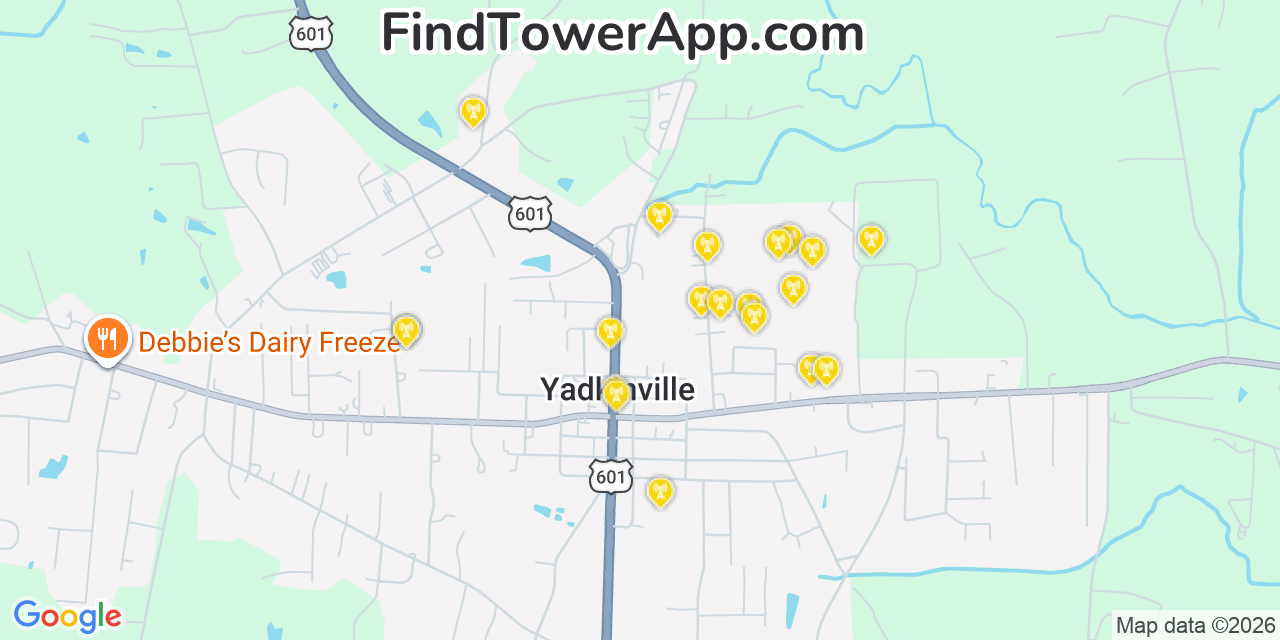 Map showing the 20 primary cell tower locations detected in Yadkinville, North Carolina from AT&T, Verizon, and T-Mobile networks
