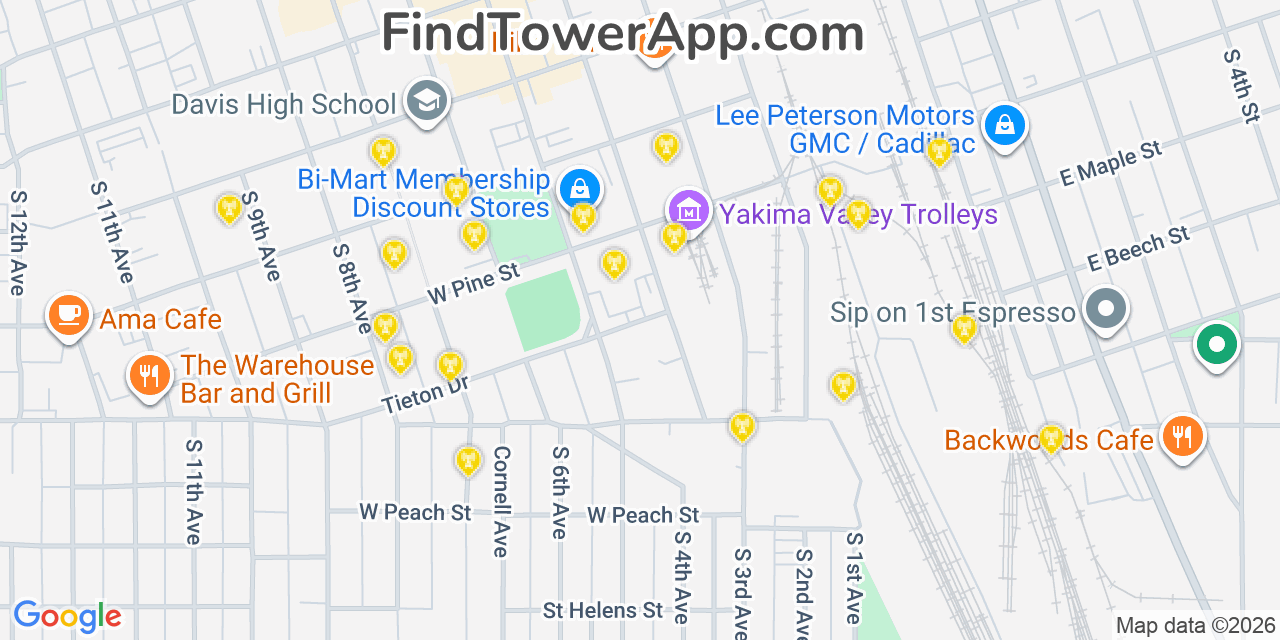 Map showing the 20 primary cell tower locations detected in Yakima, Washington from AT&T, Verizon, and T-Mobile networks