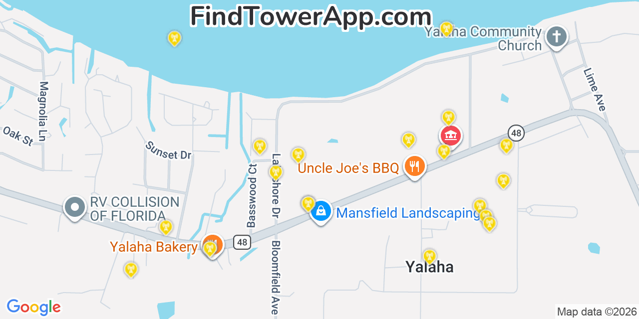 Map showing the 20 primary cell tower locations detected in Yalaha, Florida from AT&T, Verizon, and T-Mobile networks