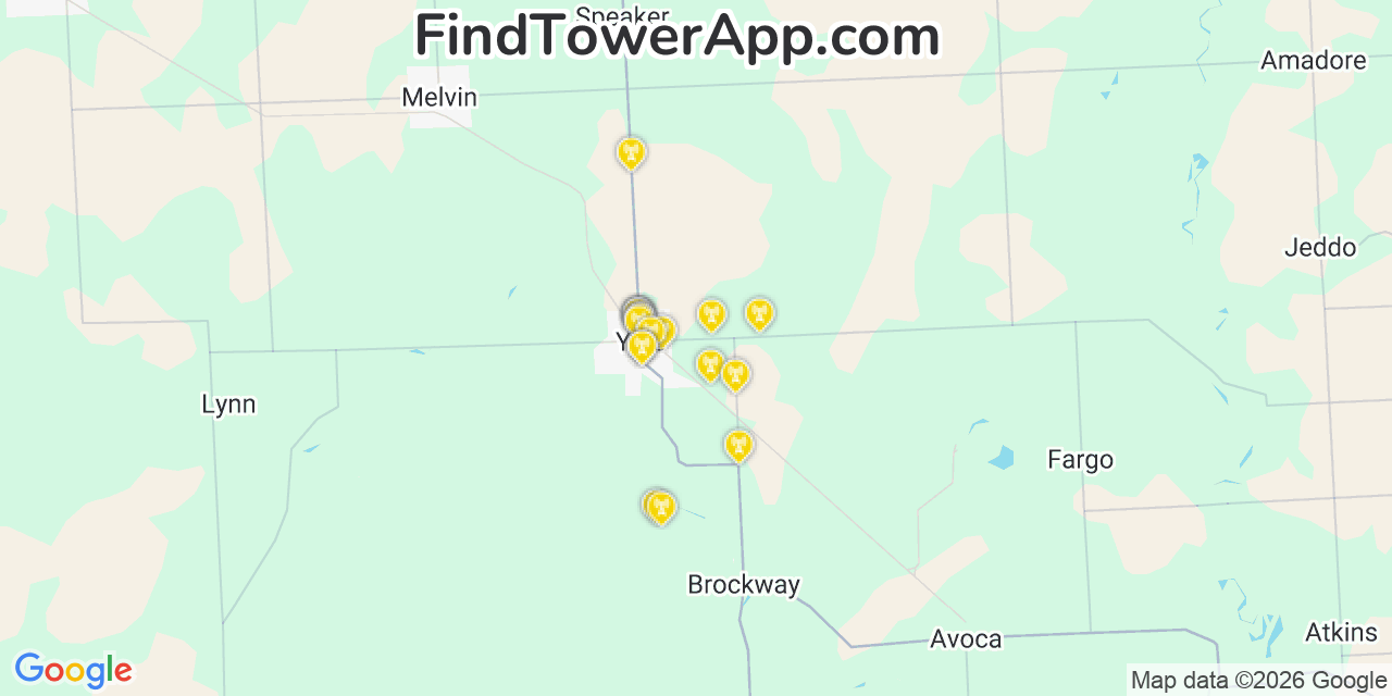 Map showing the 20 primary cell tower locations detected in Yale, Michigan from AT&T, Verizon, and T-Mobile networks