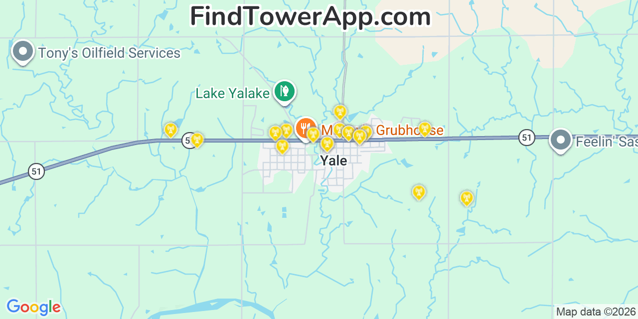 Map showing the 20 primary cell tower locations detected in Yale, Oklahoma from AT&T, Verizon, and T-Mobile networks