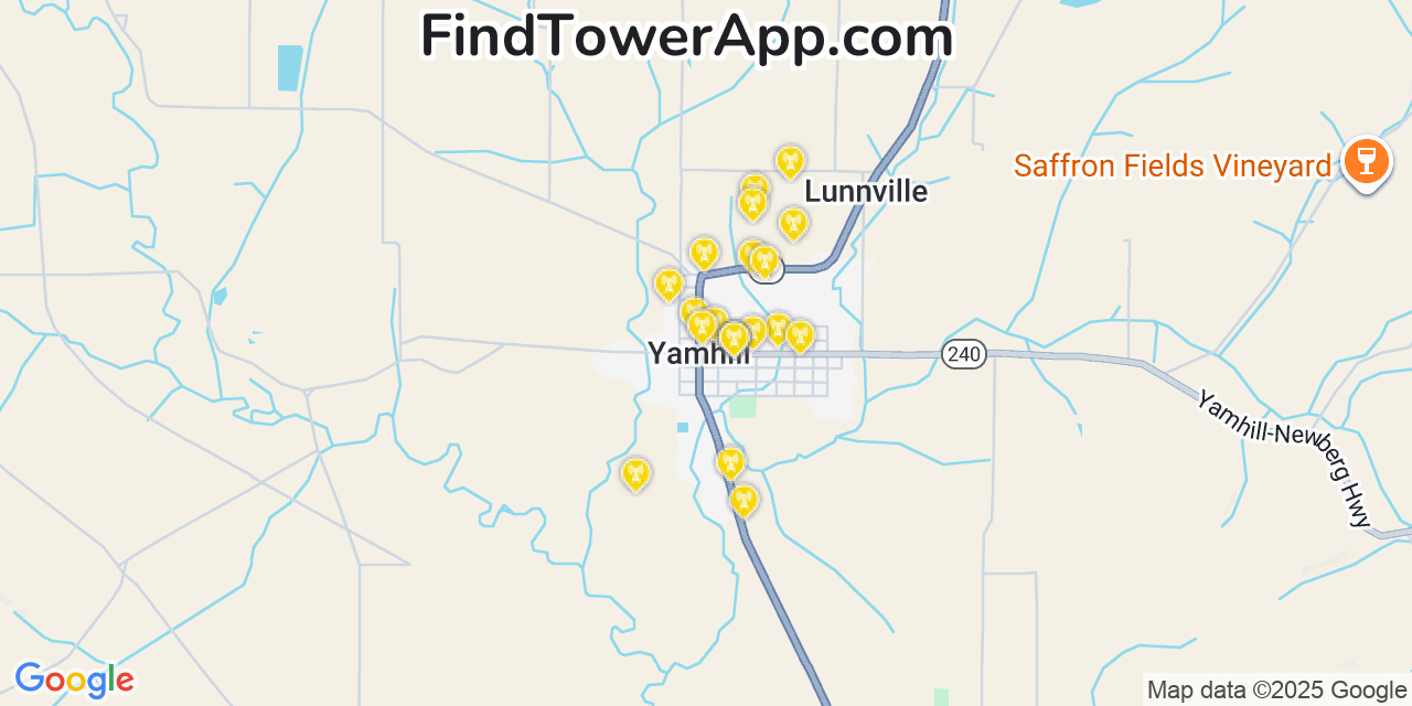 Map showing the 20 primary cell tower locations detected in Yamhill, Oregon from AT&T, Verizon, and T-Mobile networks