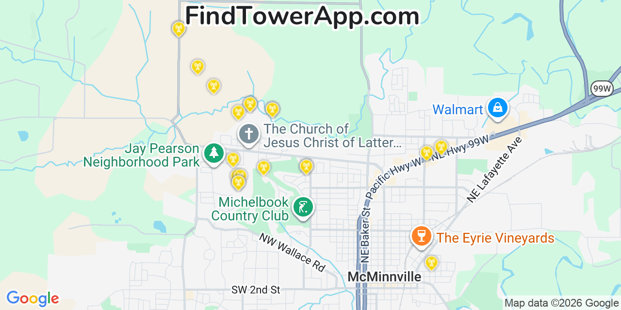 Map showing the 20 primary cell tower locations detected in Yamhill, Oregon from AT&T, Verizon, and T-Mobile networks