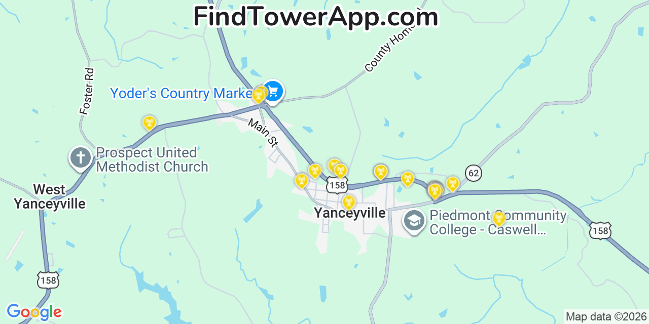 Map showing the 20 primary cell tower locations detected in Yanceyville, North Carolina from AT&T, Verizon, and T-Mobile networks