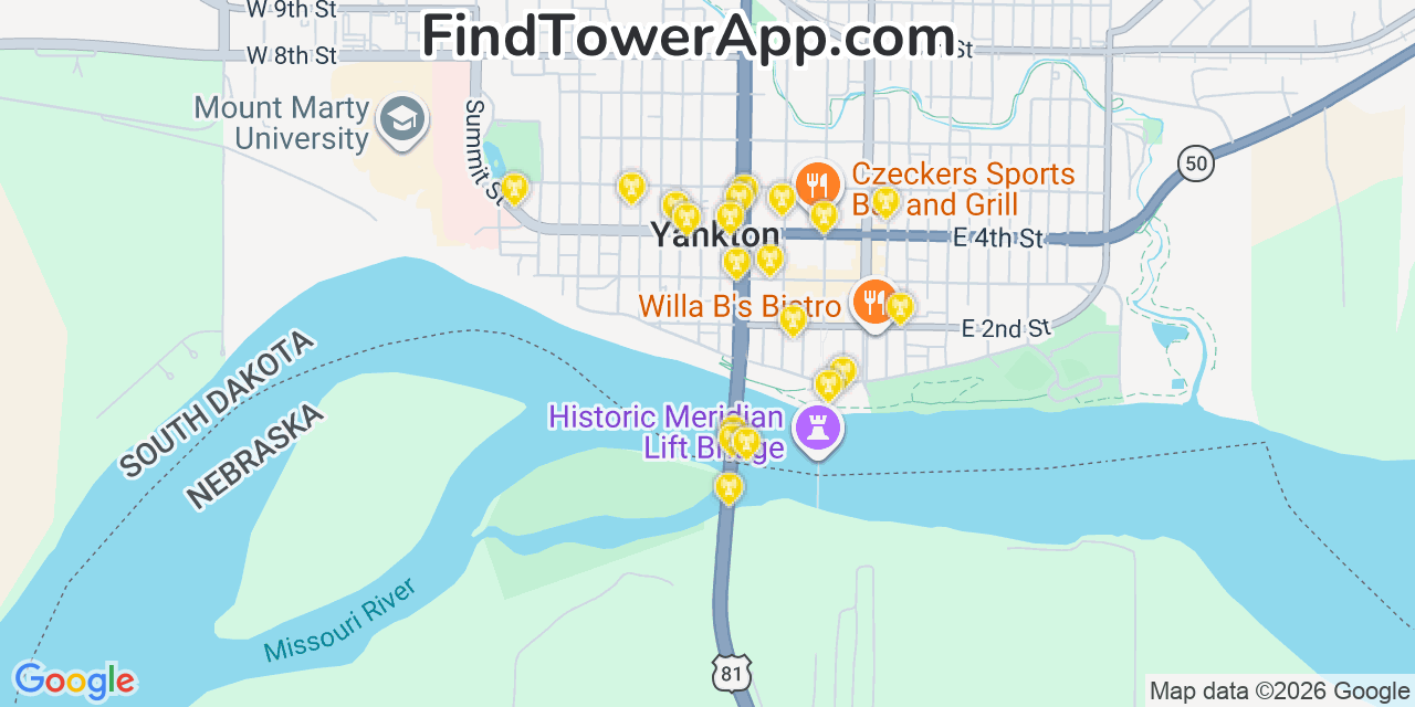Map showing the 20 primary cell tower locations detected in Yankton, South Dakota from AT&T, Verizon, and T-Mobile networks