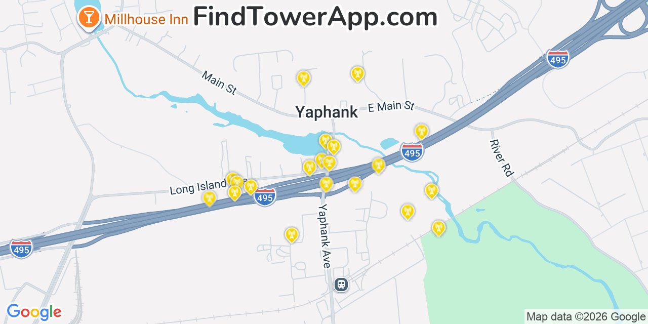 Map showing the 20 primary cell tower locations detected in Yaphank, New York from AT&T, Verizon, and T-Mobile networks