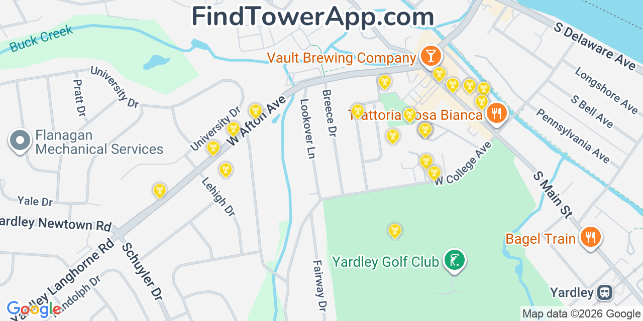 Map showing the 20 primary cell tower locations detected in Yardley, Pennsylvania from AT&T, Verizon, and T-Mobile networks