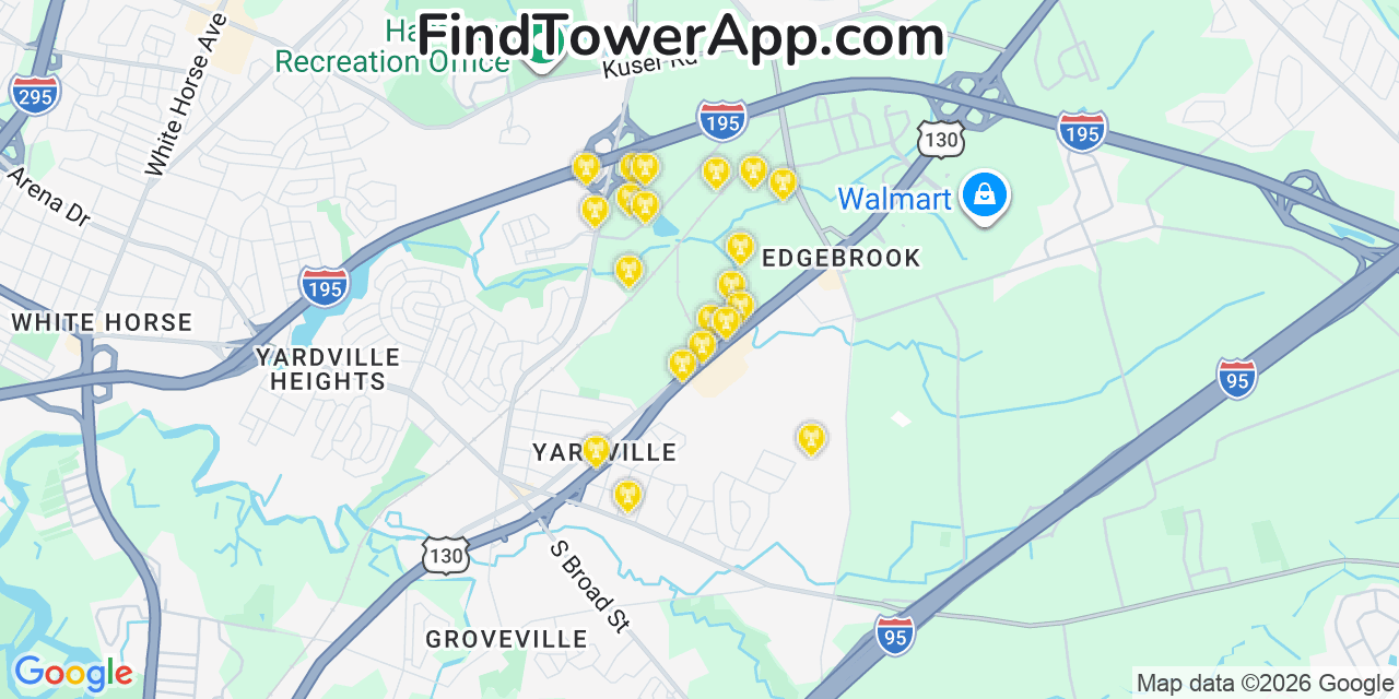 Map showing the 20 primary cell tower locations detected in Yardville, New Jersey from AT&T, Verizon, and T-Mobile networks