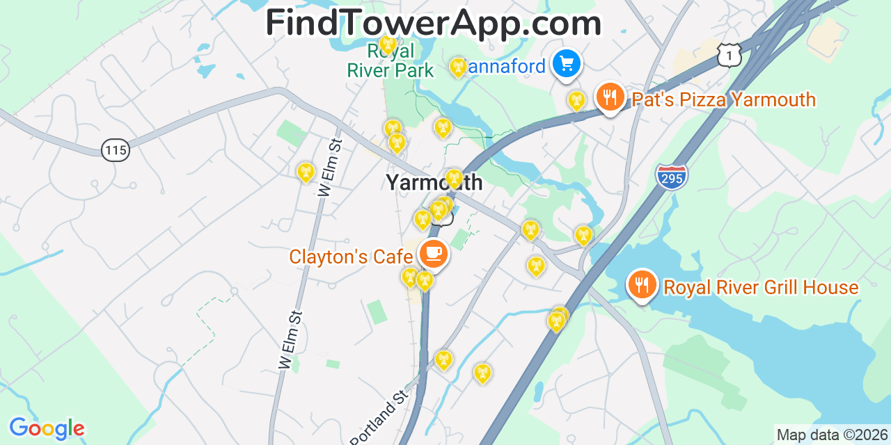 Map showing the 20 primary cell tower locations detected in Yarmouth, Maine from AT&T, Verizon, and T-Mobile networks