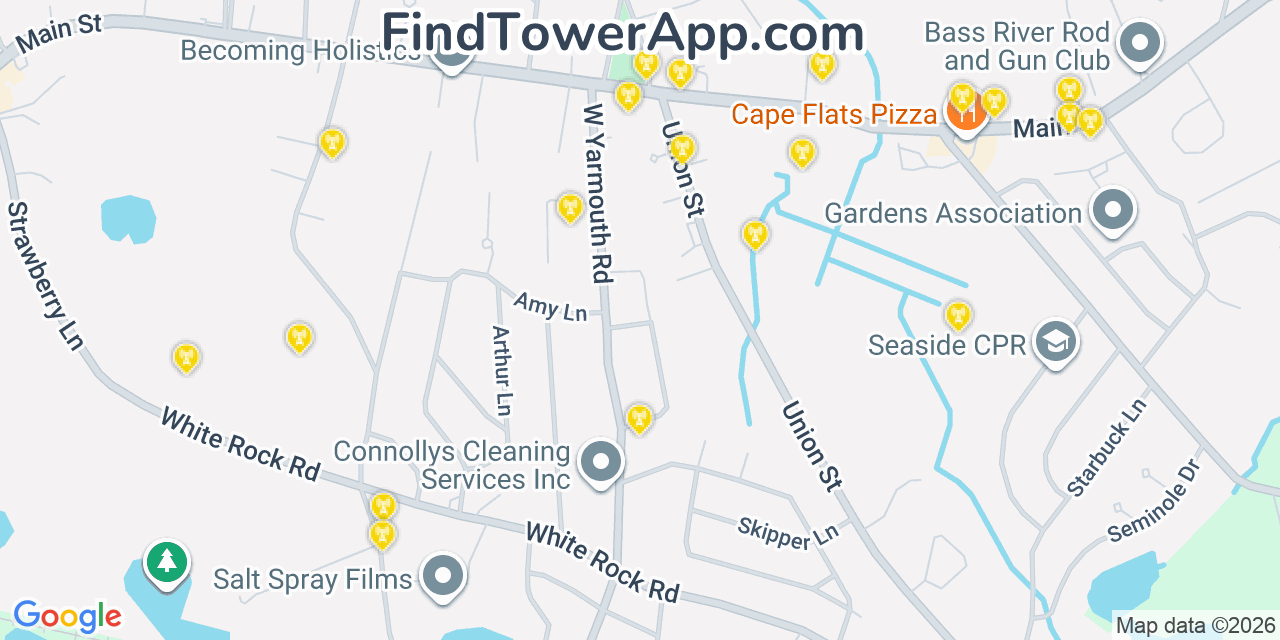 Map showing the 20 primary cell tower locations detected in Yarmouth, Massachusetts from AT&T, Verizon, and T-Mobile networks
