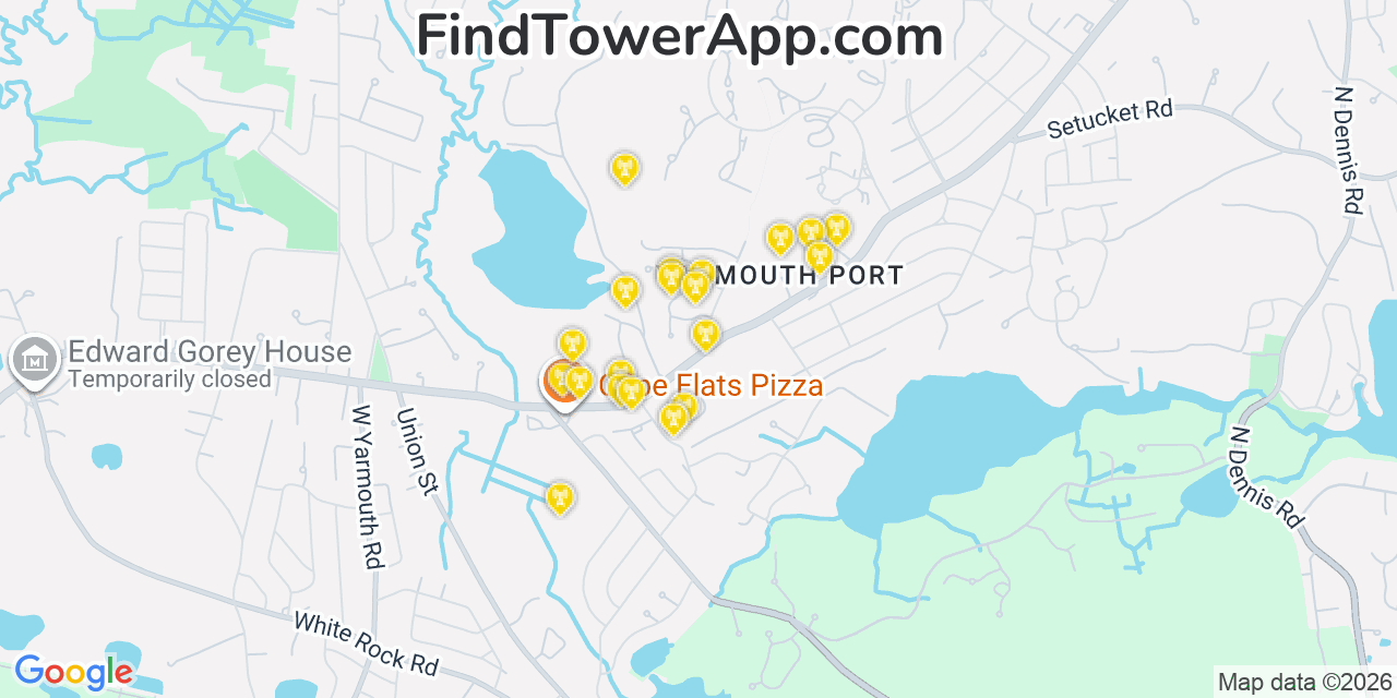 Map showing the 20 primary cell tower locations detected in Yarmouth Port, Massachusetts from AT&T, Verizon, and T-Mobile networks