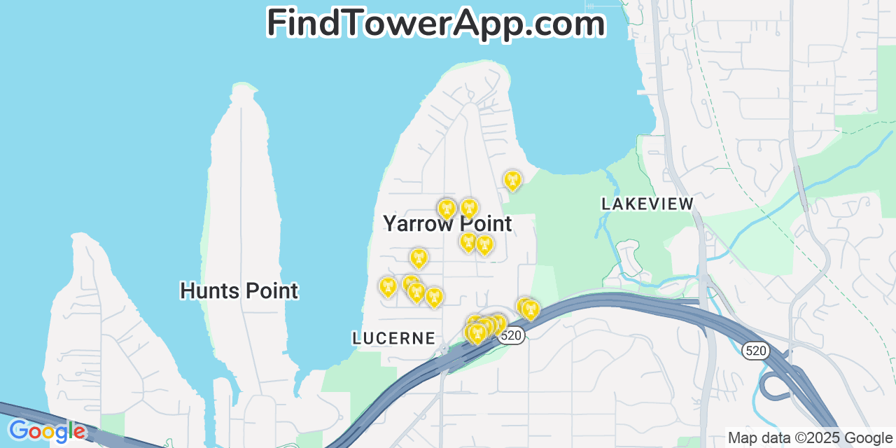Map showing the 20 primary cell tower locations detected in Yarrow Point, Washington from AT&T, Verizon, and T-Mobile networks