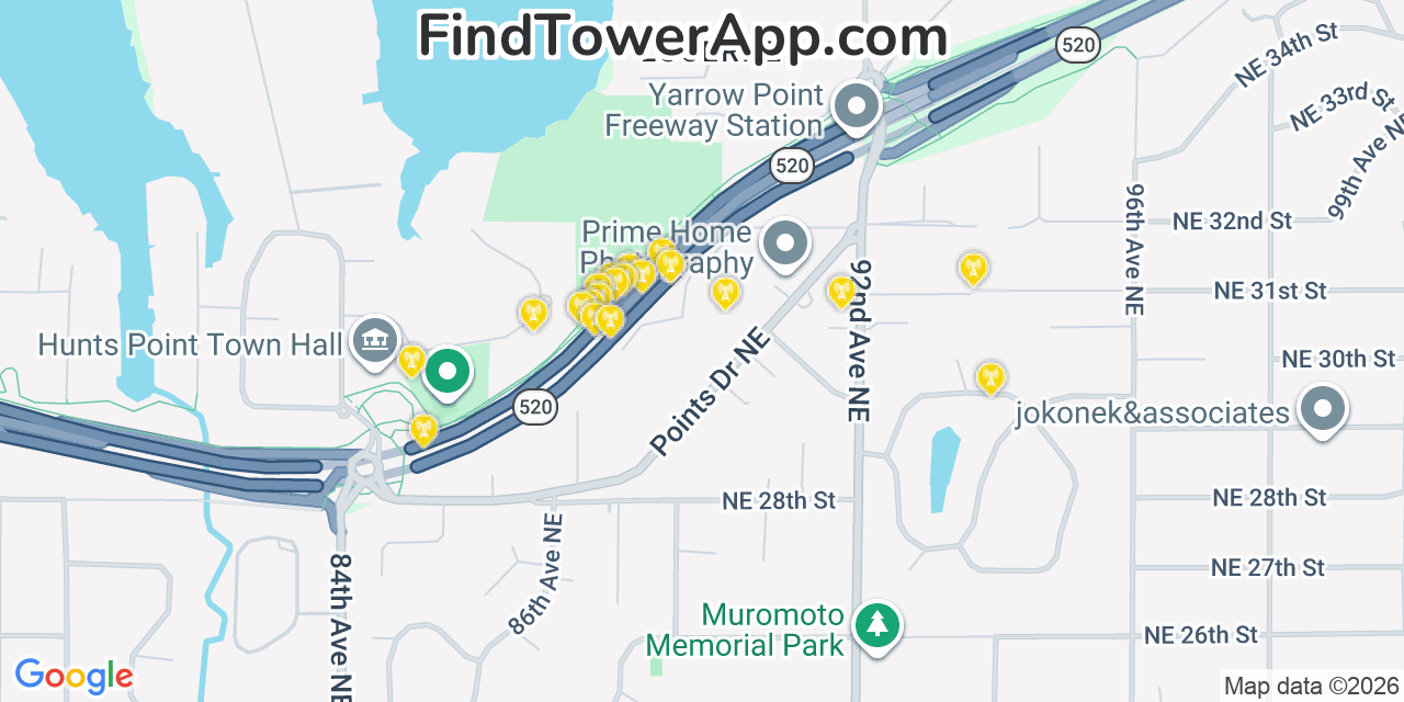 Map showing the 20 primary cell tower locations detected in Yarrow Point, Washington from AT&T, Verizon, and T-Mobile networks