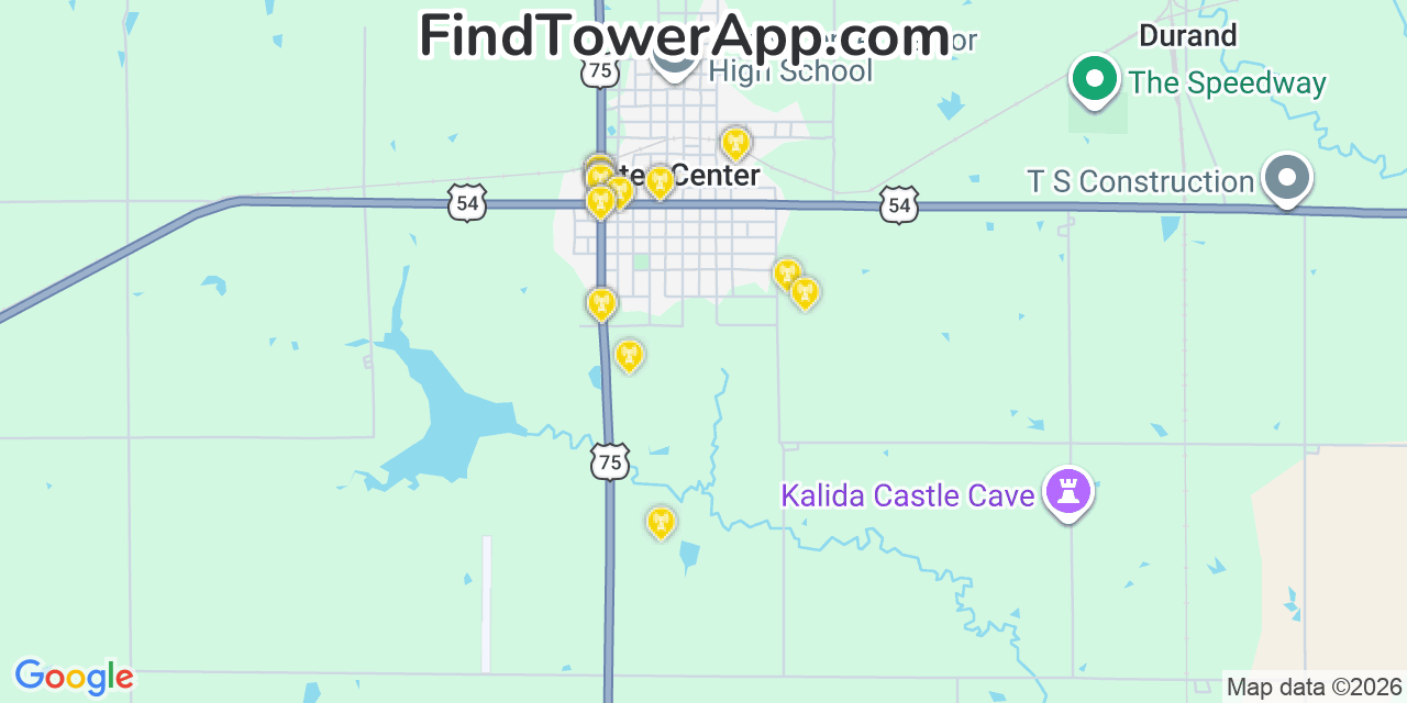 Map showing the 20 primary cell tower locations detected in Yates Center, Kansas from AT&T, Verizon, and T-Mobile networks