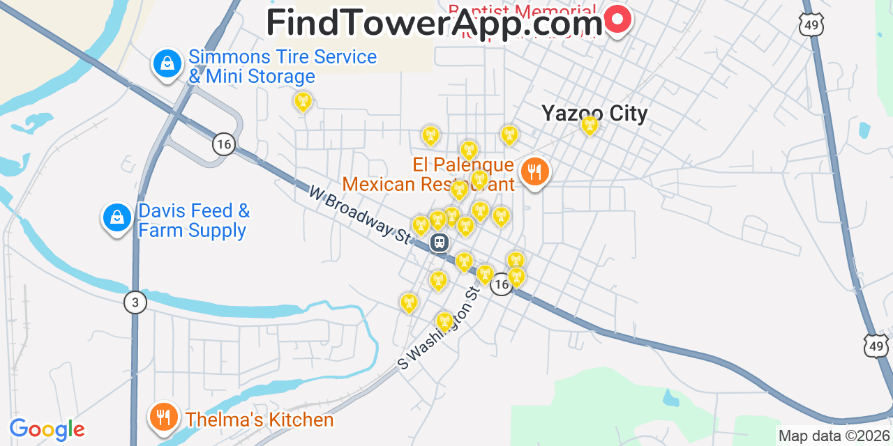 Map showing the 20 primary cell tower locations detected in Yazoo City, Mississippi from AT&T, Verizon, and T-Mobile networks