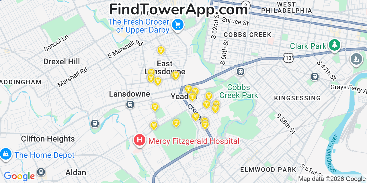 Map showing the 20 primary cell tower locations detected in Yeadon, Pennsylvania from AT&T, Verizon, and T-Mobile networks