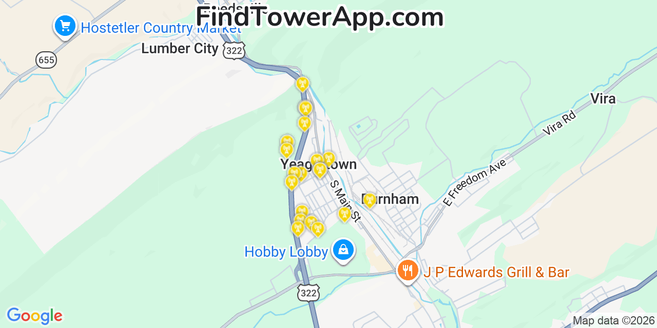 Map showing the 20 primary cell tower locations detected in Yeagertown, Pennsylvania from AT&T, Verizon, and T-Mobile networks