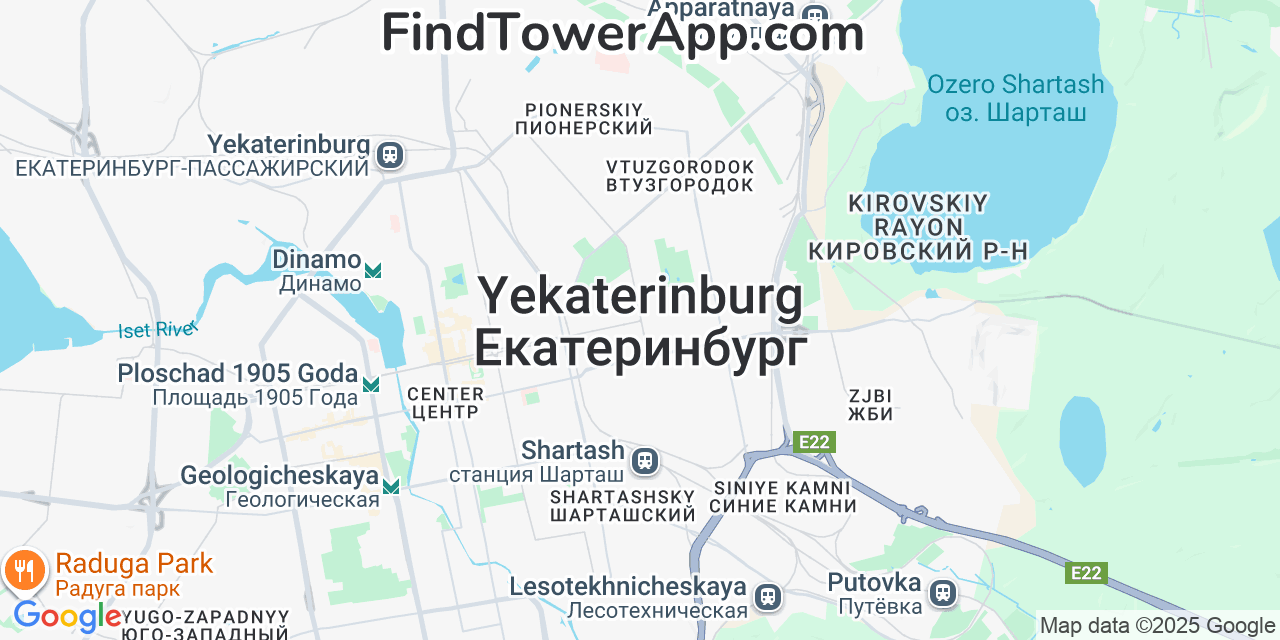 Map showing the 0 primary EKATERINBURG-2000 cell tower locations detected in Yekaterinburg, Russia with coverage radius and signal strength indicators
